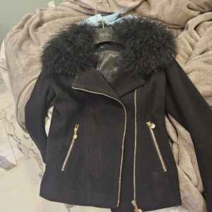 Black Faux Fur Collar Zip Wool-Blend Jacket